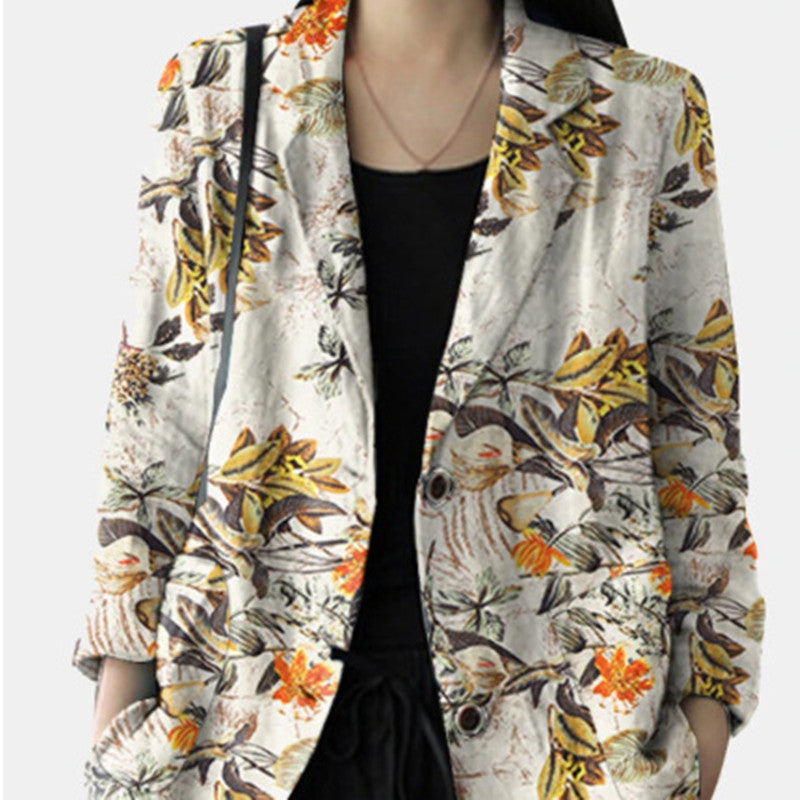 Women's Cotton Linen Print Pocket Blazer