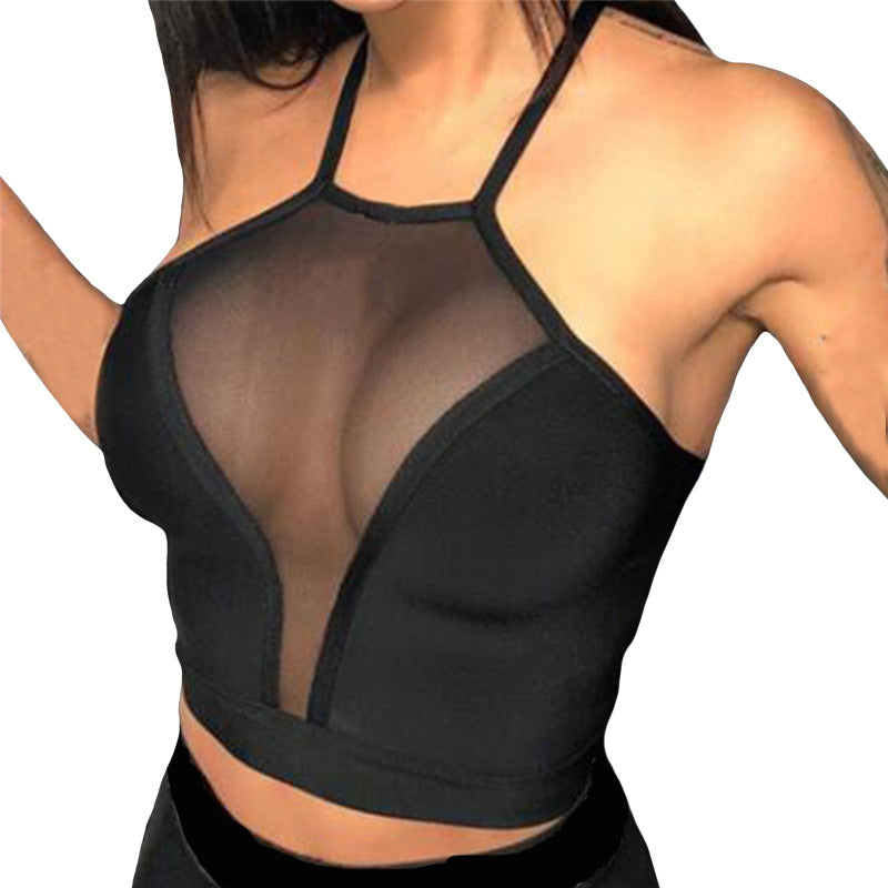 Women's Mesh Panel R-shaped Crop Tank Top