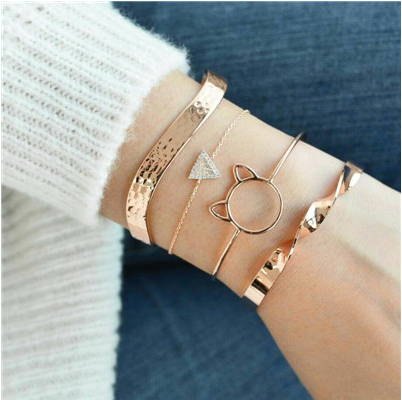 Trendy Gold Silver Crystal Leaf Moon Arrow Cat Bracelet set for Women Geometric Adjustable Bracelet Bangle Pulseiras