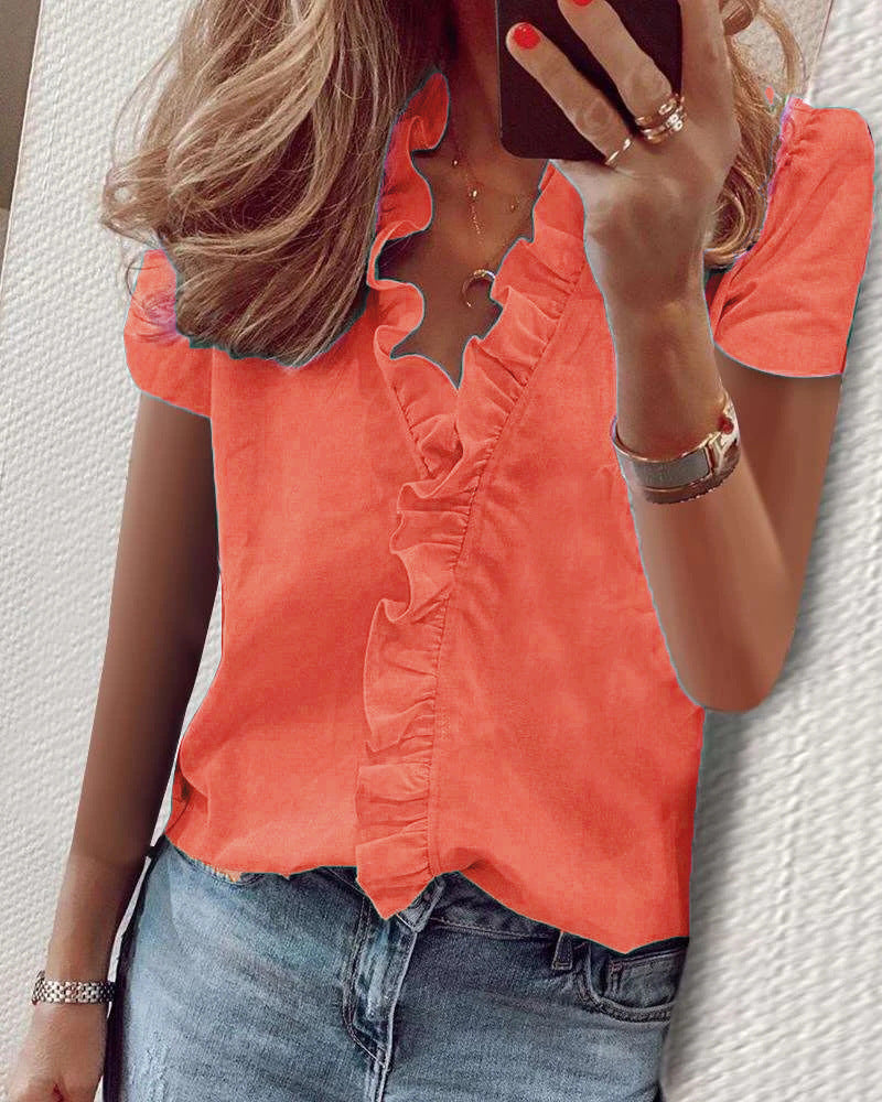 European And American Short Sleeve Ruffle Blouse