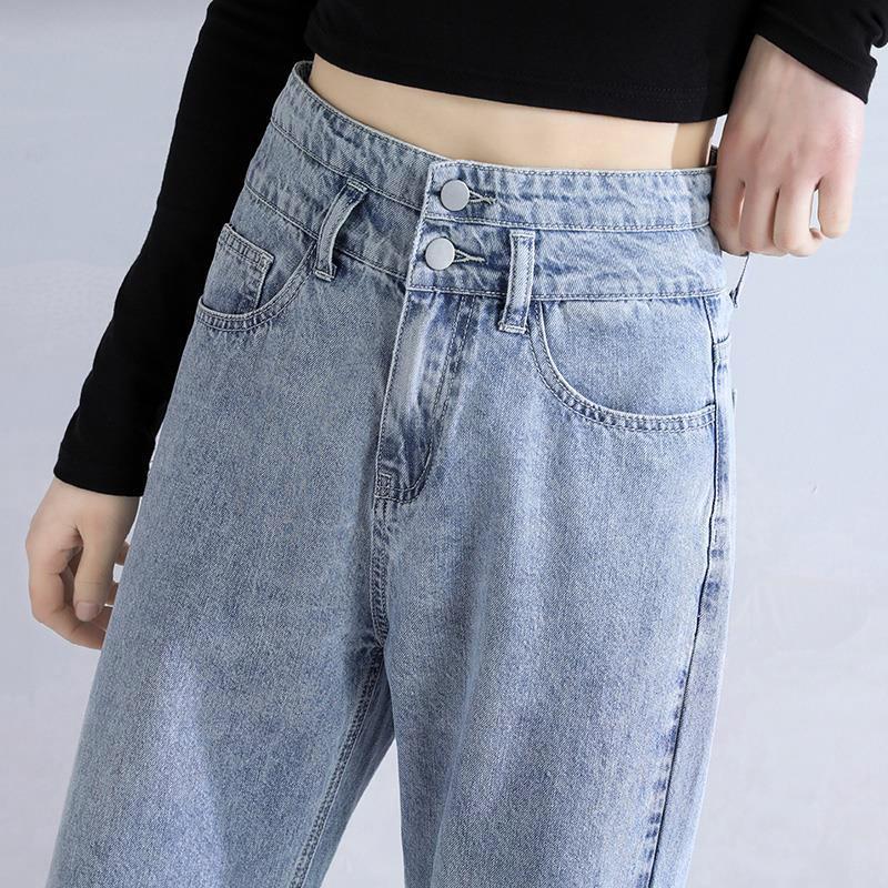 Double Buckle High Waist Loose Slim Jeans Women Covering Meat