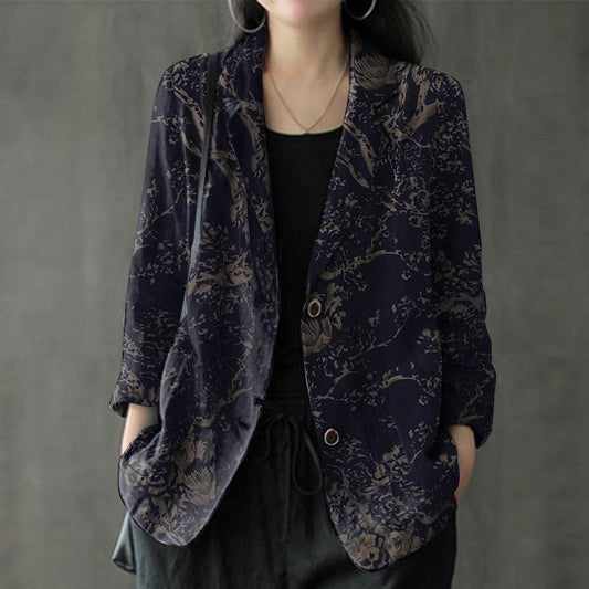 Women's Cotton Linen Print Pocket Blazer