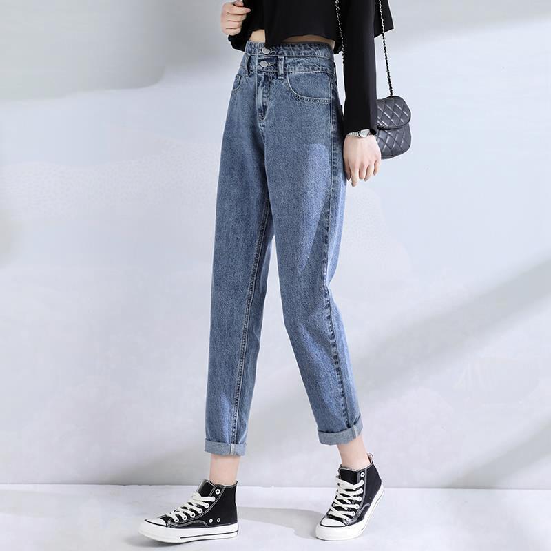 Double Buckle High Waist Loose Slim Jeans Women Covering Meat