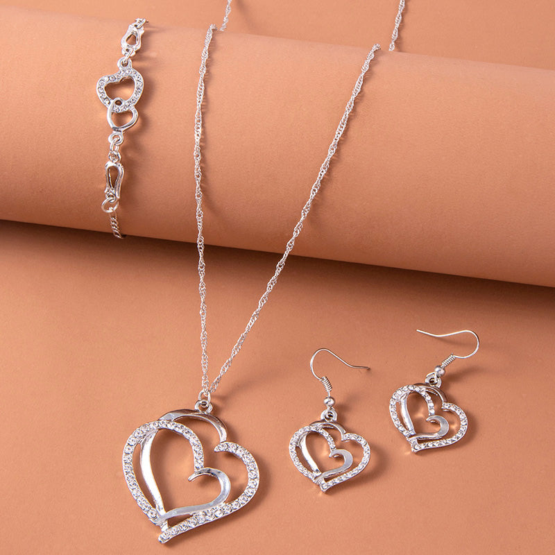 Romantic Crystal Heart Jewelry Set Bracelet Necklace Earrings For Women
