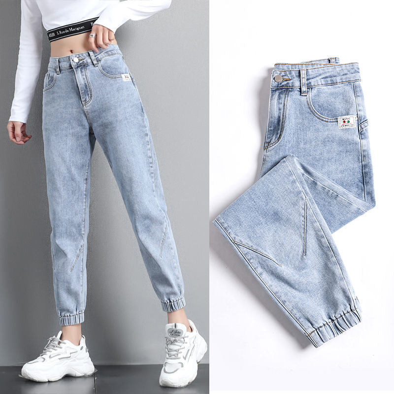 Women Streetwear Ankle Banded Jeans Korean Fashion Baggy