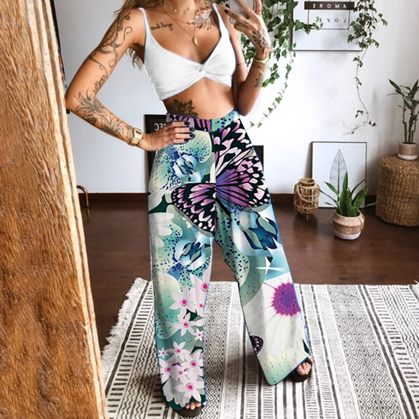 Sleeveless Printed Tank Top Black Pants Set Sling