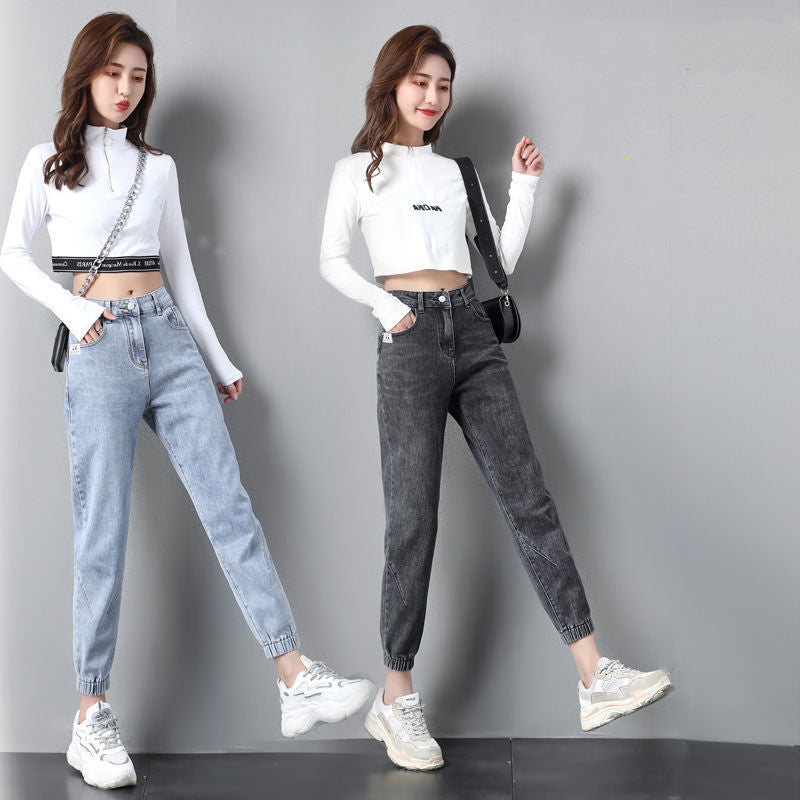 Women Streetwear Ankle Banded Jeans Korean Fashion Baggy