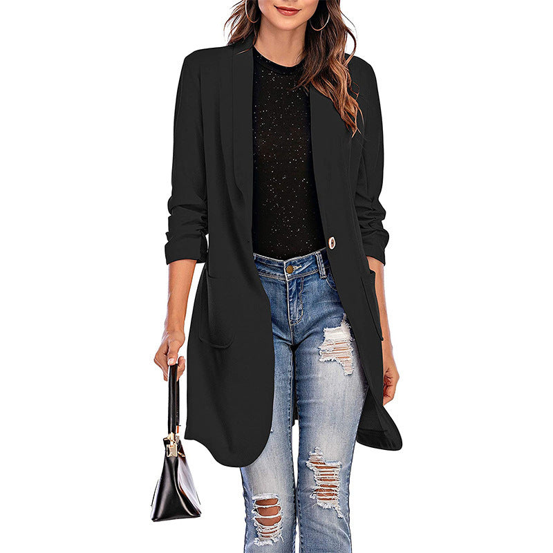 Three-quarter Sleeve Women's Long Pocket Coat Blazer