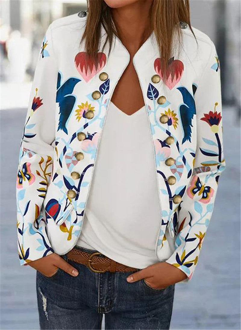 Fashion Button Printed Blazer Top