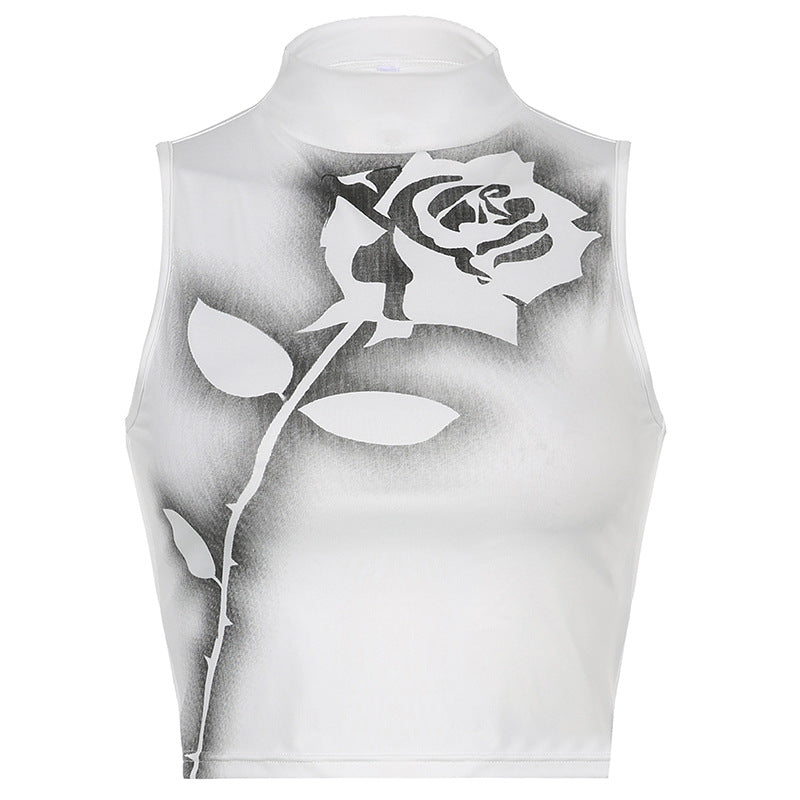 Individual Rose Print High Short Sleeveless Tank Top