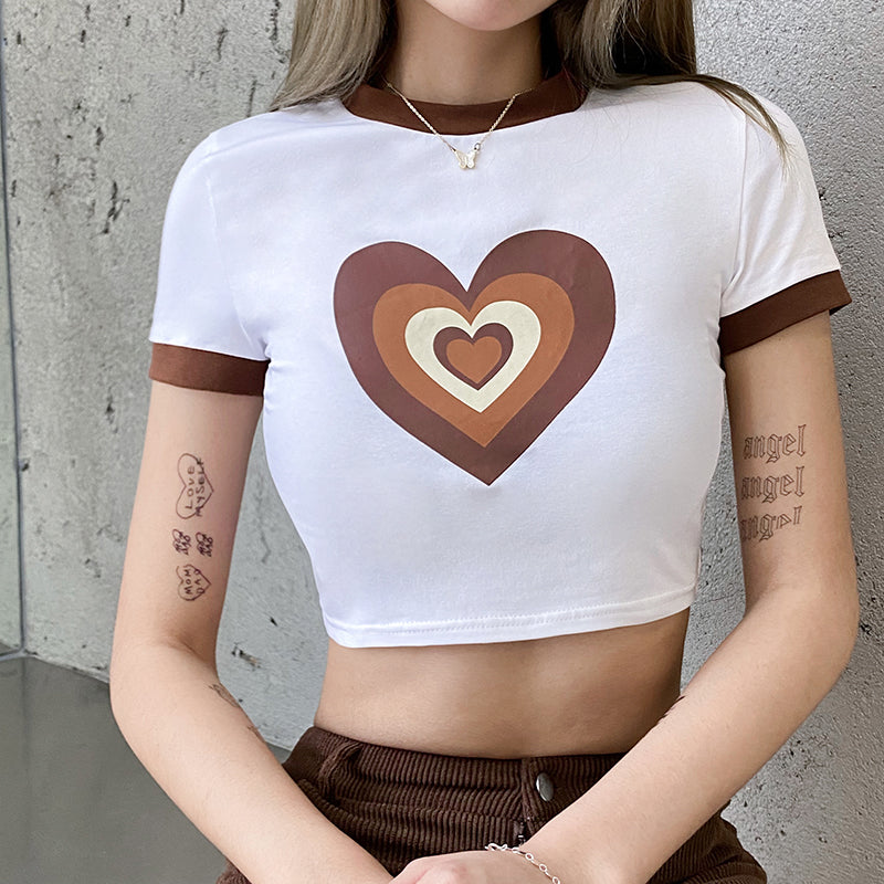 Women's Contrast Heart Letter Print Cropped Navel T-Shirt Top