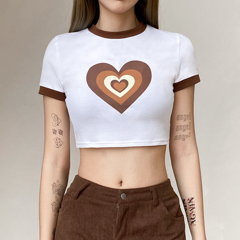 Women's Contrast Heart Letter Print Cropped Navel T-Shirt Top