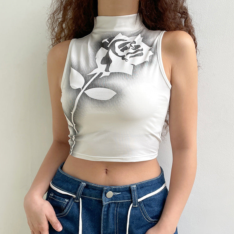 Individual Rose Print High Short Sleeveless Tank Top