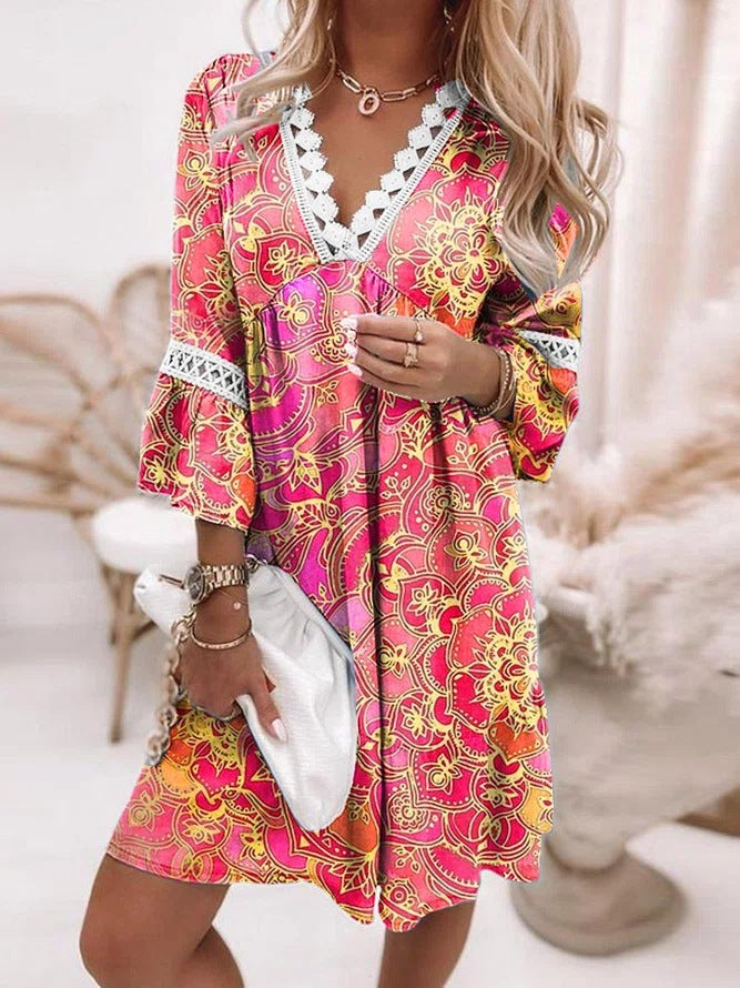 V-neck Printed Lace-paneled Boho Skirt