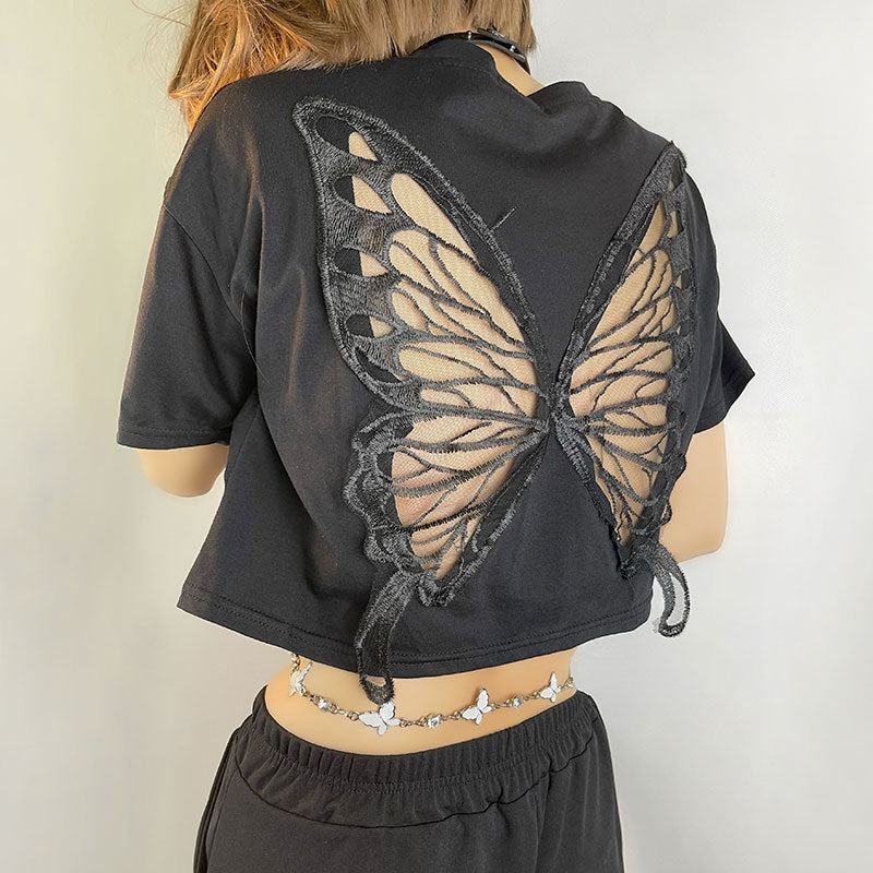 Black Lace Butterfly Belly Button Cropped T-shirt
