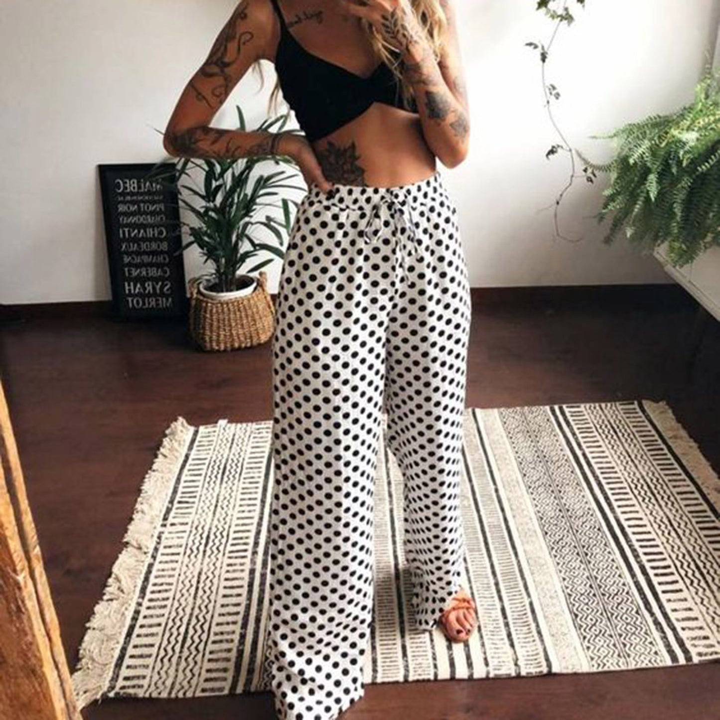 Sleeveless Printed Tank Top Black Pants Set Sling