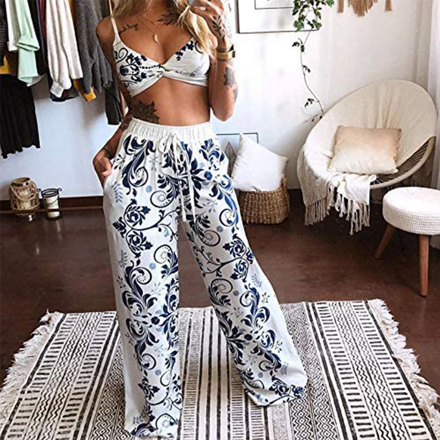 Sleeveless Printed Tank Top Black Pants Set Sling