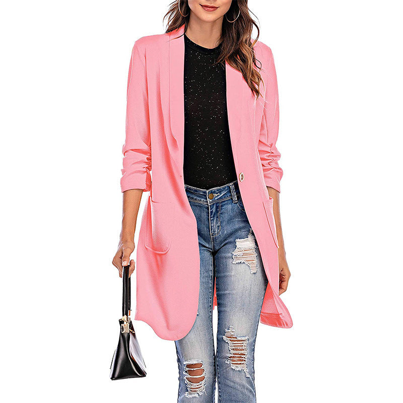 Three-quarter Sleeve Women's Long Pocket Coat Blazer