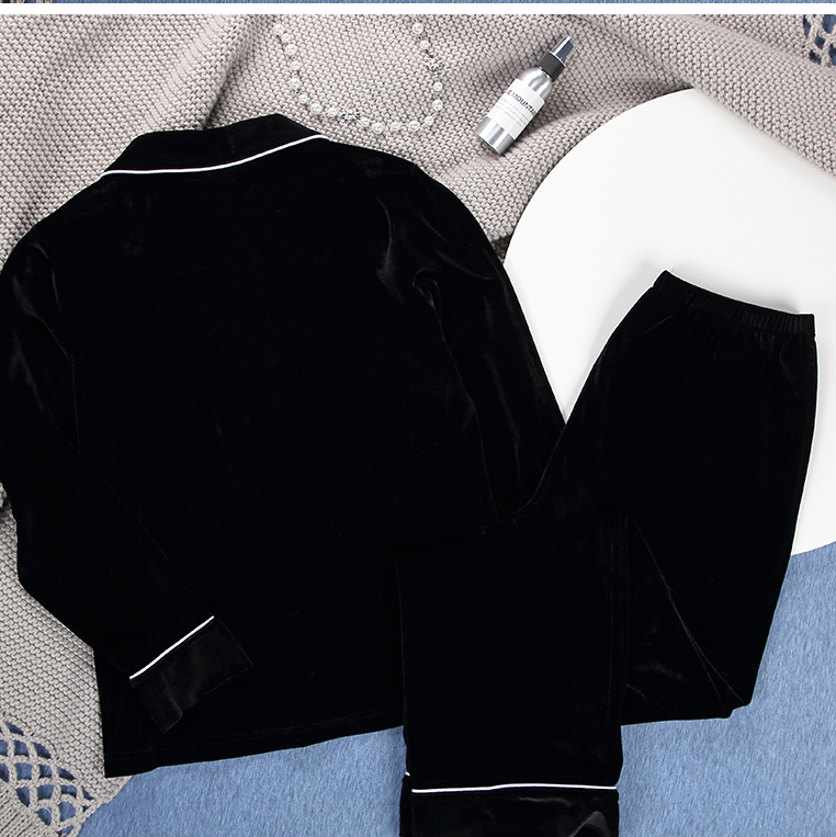 Black Velvet Sleepwear Female Long Sleeve Turn Down