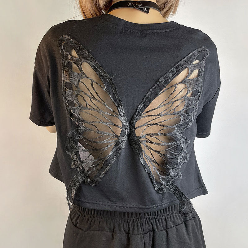 Black Lace Butterfly Belly Button Cropped T-shirt