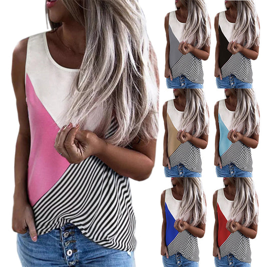 Round Neck Contrast Stripe Print Loose Tank Top