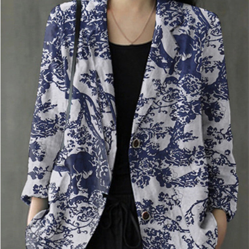 Women's Cotton Linen Print Pocket Blazer